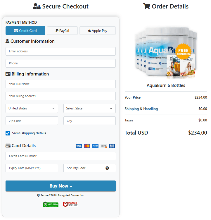 AquaBurn checkout page